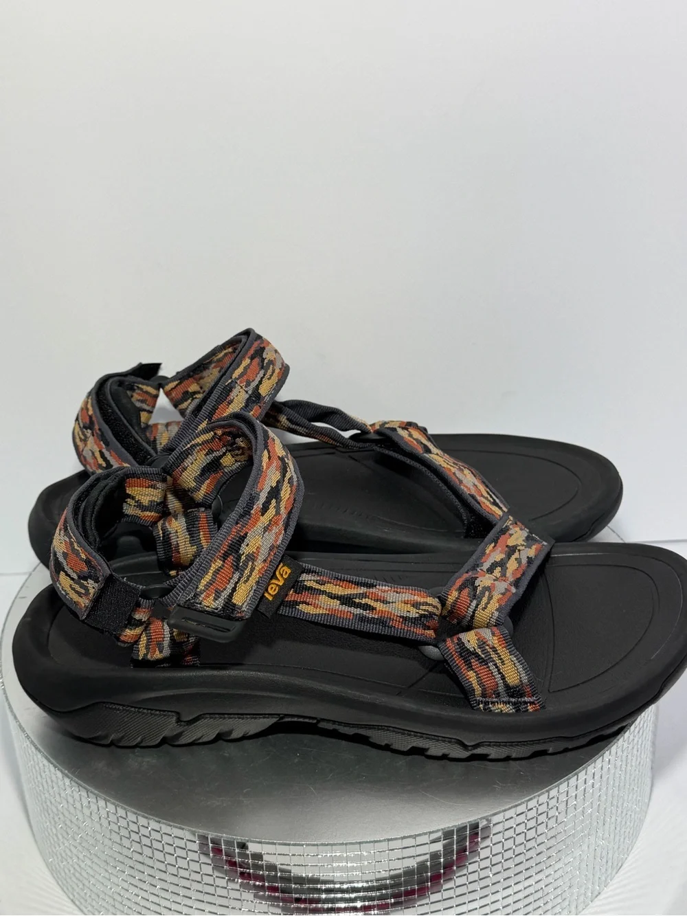 Teva Black Sandals with Orange and Yellow Accent Webbing size 9 new w /out tags